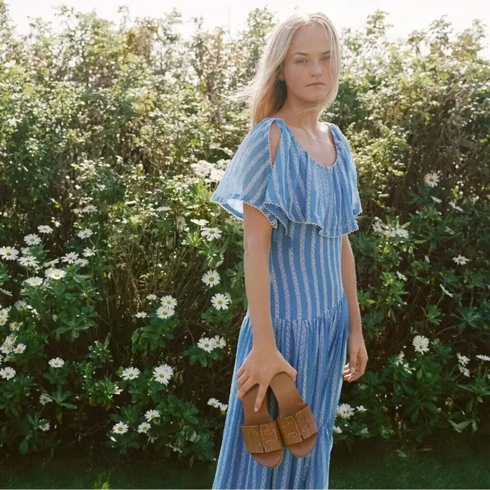 Tory Burch Runway 2019 Blue Embroidered Floral Striped Scoop Neck Midi Dress M